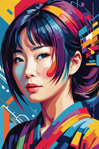 concept poster ajapanese woman, a half body portrait at musical notes, digital artwork by tom whalen, bold lines, vibrant, saturated colors, wpap,detailed fac,Vibrant colors palettes,wongapril,chan-wong