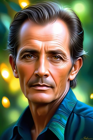 indonesian male 75 years , realistic, male, (color), post-production, intricate, (radiosity), dark eyes, (highest quality), dim, A close-up of a somewhat vicissitudes of a male with a deep expression, deep eyes, serious, fireflies, oil painting style, digital art oil painting, Steve Henderson style,ebes