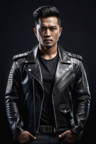 portrait of musician, 30 years old, stunning realistic, 3d render, octane render, intricately detailed, cinematic, hyper realistic cover photo awesome full color, realistic 12k, intricate. high definition, cinematic, black fade background, half body visible, leather jacket, Indonesia style,wong-terminator,CEO