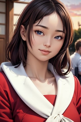 look at camera,(((top quality, 8k, masterpiece))), crisp focus, (beautiful woman with perfect figure), slender,  Highly detailed face and skin texture Detailed eyes Double eyelids random posture, (smile),super cute Japan person,super beauty Japanese girl, realistic face, double eyelid,smile,summer festival , at sunset , beautiful tooth , fire-works back-ground.,lady
