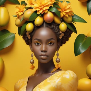 Frontal close-up of a porcelain woman with dark skin, beautiful and perfect facial features, large and expressive eyes, mango yellow cold mass curly hair, mango yellow flowers on her head, mango yellow dress with flower details, jewelry mango shaped, mango shaped earrings, dreamlike, surrealism, Background with a large mango fruit, intricate details, 3D rendering, octane rendering.