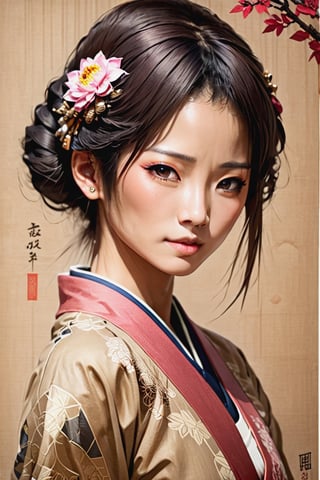 Black and brown drawing of an Japanese Woman, on kraft paper, Karl Kopinski, fantasy, highly detailed, Vlop and Krenz Cushart, ornate detailing, Jean-Sebastian Rossbach, James Gene,CEO,wong-chan,face