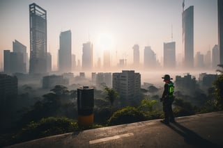 jungle island, , on top of a scyscrapper, futuristic cyberpunk city skyline in the background with many neon lights and smog, , sunrise with morning fog near ground , sunlight with godrays, , clear sky, ,
photo raw, perfect eyes, perfect hands, perfect feets, ,detailmaster2,steampunk style