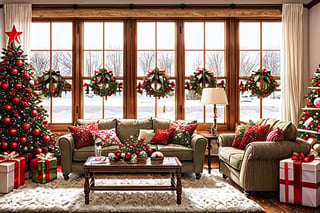 lovely living room decorated with Christmas decorations, extremely detailed, rosy cheeks, happiness, christmas spirit, There is a lot of snow outside the window