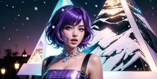 {{best quality}}, {{masterpiece}}, 8k, Highly detailed, ultra-fine painting, 1 girl, (solo : 1.05) , (LE SSERAFIM), (pretty face : 1.05), (short purple hair : 1.2), lovely, cool, hands of Guido Daniele, silver mini skirt, K-POP, singing, rock band, Crystal pyramid, future, snowy night