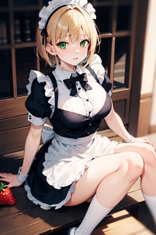 Maid_uniform, short_hair, strawberry_blond_hair, modest_breast, long socks, green_eyes