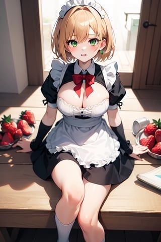 Maid_uniform, short_hair, strawberry_blond_hair, modest_breast, long socks, green_eyes, two_legs