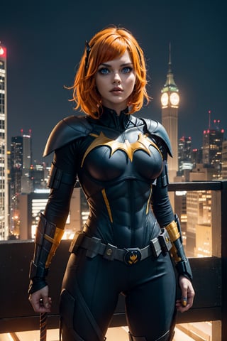 A warrior woman in batgirl's suit stands on the night of gotham city., Charlie Kyrn, orange yellow red hair, pixie haircut, 
 blue eyes,  Charlie Kyrn
