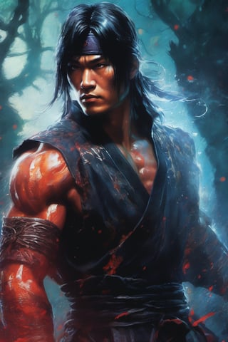 Liu Kang, Mortal Kombat, extremely vibrant colours, normal skin Highly detailed, highly cinematic, close-up image of a deity of magic, perfect composition, psychedelic colours, magical flowing mist, forest nature, silver fullmoon, lots of details, rain downpour hurricane thunder lightnings sparkles metallic ink, beautifully lit, a fine art painting by drew struzan and karol bak, gothic art, dark and mysterious, ilya kuvshinov, russ mills, dragonlike
