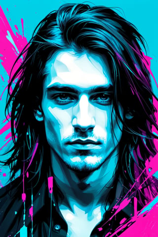 Please generate, abstract handsome young man, 18 years old, long black hair, looking into the camera, approaching perfection, dynamic, magenta cyan colors, highly detailed, digital painting, artstation, concept art, sharp focus, illustration, art by Carne Griffiths and Vadim Kashin