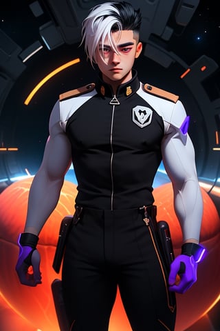 Shiro is a handsome young man of 19 years old. He has short black hair with a white streak, his eyes are purple. Muscular build. he wears a black uniform, in the background the cideral space. Interactive, highly detailed image., Shiro, niji, Color Booster