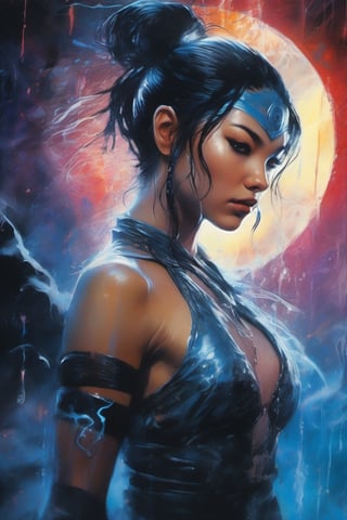 Kitana, Mortal Kombat, extremely vibrant colours, normal skin Highly detailed, highly cinematic, close-up image of a deity of magic, perfect composition, psychedelic colours, magical flowing mist, forest nature, silver fullmoon, lots of details, rain downpour hurricane thunder lightnings sparkles metallic ink, beautifully lit, a fine art painting by drew struzan and karol bak, gothic art, dark and mysterious, ilya kuvshinov, russ mills, dragonlike
