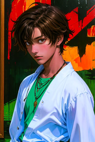 1boy, solo, Setsuna, oil painting, impasto, looking at viewer, a handsome young man, 18 years old, dar_brown hair, brown eyes, athletic figure, tribal necklace, urban psychedelic outfit, psychedelic  background, masterpiece, nijistyle, niji, ,sciamano240, soft shading, seiei