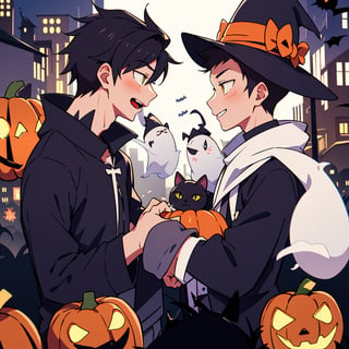 gay male relationship,2male,boy's_love,yaoi,eye contact,smiling,Halloween,black cat,cute ghost,pumpkin