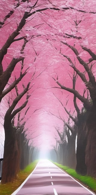 Art work canvas, photo r3al, distant view, pink cherry blossom trees standing in a row on both sides of the road, cherry blossoms falling like snow on the road