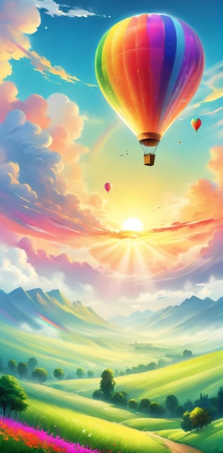 (Masterpiece, Highest Quality, Highest Quality, Official Art, Beautiful and Aesthetic: 1.2), The green meadows are very wide, and in the distance, on a low hill, a colorful hot air balloon is rising into the sky, and above the a hot air balloon there is a vivid rainbow in the sky. Peaceful scenery, soothing atmosphere, beautiful scenery, artistic paintings,ColorART,colorful