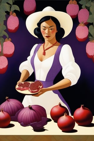 Painting of white clad cowgirl, purple hibiscus, preparing and slicing crimson pomegranates by Diego Rivera VICTO NGAI georgia okeeffe lowell herrero