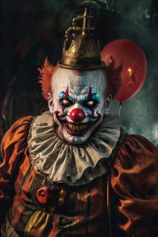 clown, painted face, sinister atmosphere, smoke, night, horror, halloween background. clown suit, balloon in hand and a knife, oni style
