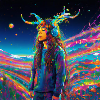 full body, wide shot, drawing of a strange person with long hair and a (((horn))) on his head, dripping neon paint, psychedelic aesthetic, dripping psychedelic colors, dripping color, trippy art, dreamy psychedelic anime , psychedelic and bright, psychedelic art style, bright rainbow face, psychedelic loose hair, neon color bleed, iridescent illustration, in a lisa frank art style, trippy colors, aw0k straight style