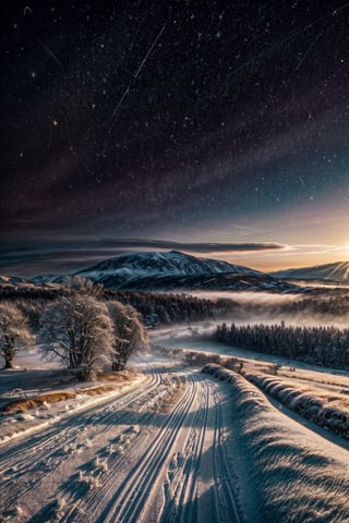 Imagine a vast, serene valley enveloped in snow by the soft, golden light of dawn. The sun, just above the horizon, casts a warm glow over the snowy scene. In the foreground, a river of crystal-clear frozen water meanders gently through the valley, reflecting the pastel tones of the sky. Its banks are adorned with lush, vibrant green grass and sporadic wild trees in a snowy Christmas look, from deep blues and purples to bright yellows and pinks. In the middle distance, there are hills covered in snow by a patchwork of wild meadows and small, picturesque snowy farms. The farms have charming wooden fences and old stone cottages with smoke gently rising from their chimneys. The meadows are snow-covered and dotted with grazing animals: sheep, horses and a few cows, adding life and movement to the scene. The background is dominated by majestic mountains, ((( flown with his sleigh and reindeer SANTA CLAUS following a shooting star))) with their peaks covered in glistening snow, which ((contrast with the dark, steep rocks)) below . The mountains are partially shrouded in light fog, which adds a sense of mystery and depth to the scene. Above, the sky is a stunning canvas of color: soft blues, pinks and oranges, with a few wispy clouds lazily passing by. The overall feeling is one of peace, tranquility and the stunning beauty of nature, captured in a high-resolution, wide-angle photography style. Your camera settings should focus on a large depth of field to ensure that every detail of this picturesque landscape is captured clearly.