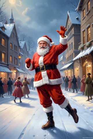 masterpiece, best quality, ultra high resolution, beautiful, visually stunning, elegant, incredible details, award-winning painting, santa claus ((many)) dancing can-can, cold winter snowy landscape
