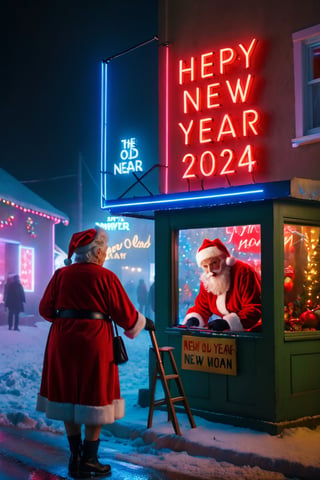 Photo, 4k, best quality, masterpiece, Santa Deatpool, a big neon sign, text, "New Year", text
 , text 2024,: and an (((Old Woman))) nearby helping her,