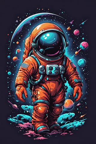Create a t-shirt design that combines space exploration with a touch of fantasy. Think (((Santa Claus dressed))) as astronauts riding friendly alien creatures or floating among colorful planets and bouncy castles.