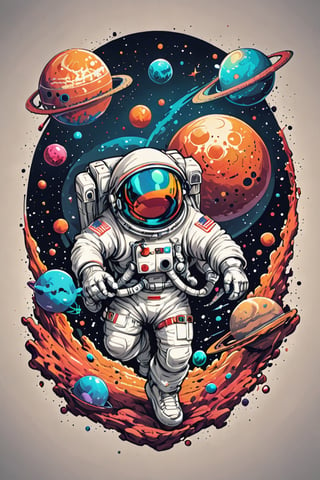 Create a t-shirt design that combines space exploration with a touch of fantasy. Think (((Santa Claus dressed))) as astronauts riding friendly alien creatures or floating among colorful planets and bouncy castles.