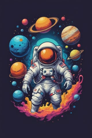 Create a t-shirt design that combines space exploration with a touch of fantasy. Think Santa Claus dressed as astronauts riding friendly alien creatures or floating among colorful planets and bouncy castles.