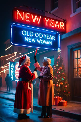 Photo, 4k, best quality, masterpiece, Santa Deatpool, a big neon sign, text, "New Year", text
 , text 2024,: and an (((Old Woman))) nearby helping her,