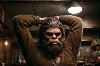 Create an 8K image of a traditional Sasquatch with long shaggy fur, (wearing a knitted cardigan)dressed as a hipster, (indoors_bar) in a dimly lit, smoky bar. Strip club, A single overhead light casts hard shadows on his face, emphasizing his serious expression. 
Sasquatch, Bigfoot,Sasquatch