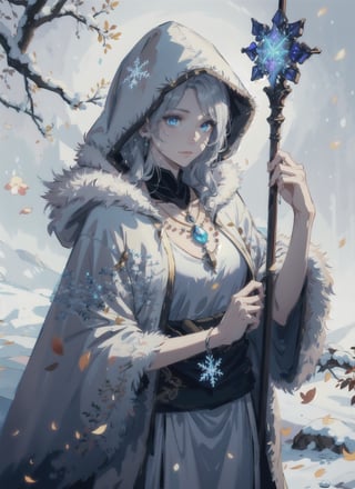 Jani is a witch who lives in a snowy region of Elden Ring. She has long silver hair and blue eyes that glow with magic. She wears a white dress with fur trim and a hooded cloak that covers her shoulders. She also wears a silver necklace with a pendant shaped like a snowflake. She carries a staff that can summon wolves and cast ice spells.