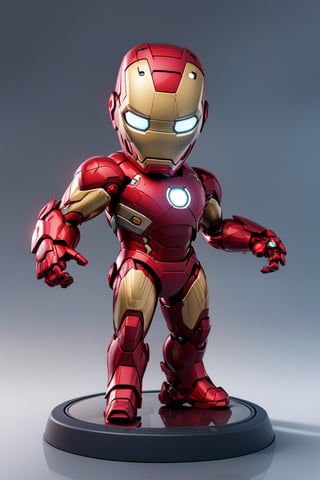 product shot, (solo:1), full body, dynamic poses, masterpiece, reflections, (simple background:1.3), round stand, from front, (3D Chibi Figure) , (marvel), (ironman), ((cover mask)),iron man