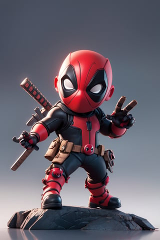 product shot, (solo:1), full body, dynamic poses, masterpiece, reflections, (simple background:1.3), round stand, from front, (3D Chibi Figure) , (Deadpool mask), cover mask,