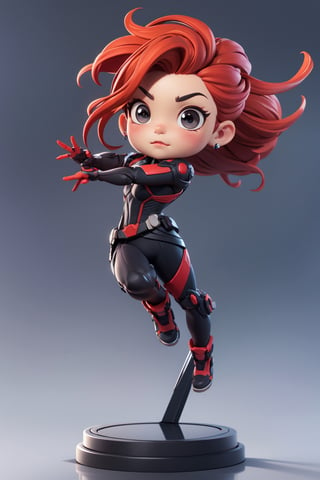 product shot, (solo:1.3), full body, dynamic poses, masterpiece, reflections, (simple background:1.3), round stand, from front, (3D Chibi Figure) , marvel black widow