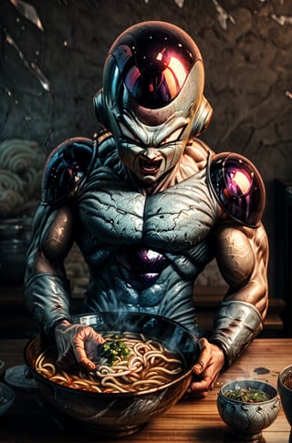 dragonball frieza with a detailed face, shattered all the way around , looking with a fierce look in his eyes, open mouth shout, sitting noodle shop, pov, looking with intense and focused look, 3d enviroment, background with chief cooking noodle, noodle in bowl, (empty bowl on the table:1.3), a lot bowl, soup bowl, ,frieza