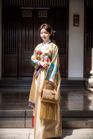 korean idol,20_old_girl,long hair,brown hair,whole body,stewardess,masterpiece,masterpiece:1.2, highest quality,small breasts, (traditional) Korean woman clothes