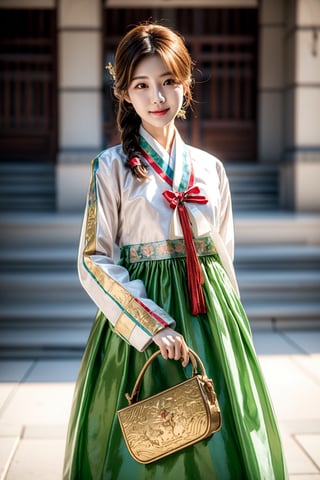 korean idol,20_old_girl,long hair,brown hair,whole body,stewardess,masterpiece,masterpiece:1.2, highest quality,small breasts, (traditional) Korean woman clothes