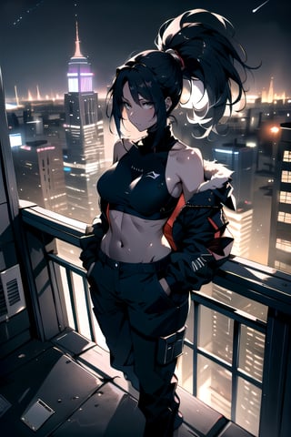 anime,sole_female,woman,high_resolution,high_detailed,fantasy00d,standing on rooftop ledge looking at dark lit futuristic city in the background,very big fluffy ponytail,dark_brown_hair,slender figure,medium_breasts,thin_hips,slender_hips,full_body,techwear_pants,turtleneck,bare_arms,bare_stomach,nighttime,midnight,darkness,side_view,vieved from above,moonlit,night_sky,big jacket with bare_shoulders,black hair tie,hands_in_pockets,bare_waistline,bare_lumbar region,sexy smooth stomach,not looking at viewer