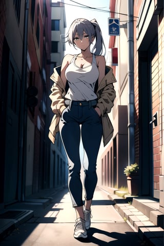 anime,sole_female,sexy,tall body,beige oversized jacket,white tank top,hugh heel sneakers,six_pack,dark jeans pants,gray_hair,((very_long_ponytail reaching down to the waist)),slender legs,thin hips,(hands hidden fully inside  pockets),big_breasts,viewed_from_side,shadows,walking down empty alley,evening,looking to the side,bare_shoulder,cleavage,facing_viewer