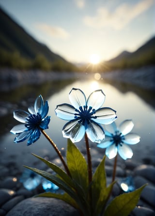 Cinematic still of a few beautiful pale blue glass flowers made out of glass in an Alaska River. Shallow depth of field, vignette, highly detailed, high budget, bokeh, Cinemascope, moody, epic, gorgeous, film grain, grainy, glasss shards, cracken glass, ,glass shards,shards Made_of_pieces_broken_glass  light particles,   focus on a flower, enhanced