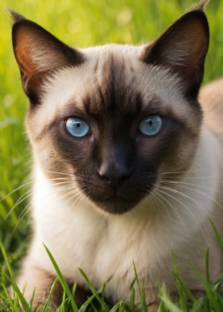 big Siamese cat, close up, juicy grass