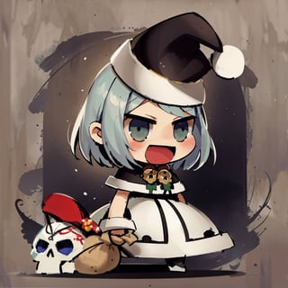 masterpiece, 1girl, skull, creepy, funny padoru meme, holding sack,chibi,:d,santa hat,padoru meme,gear00d