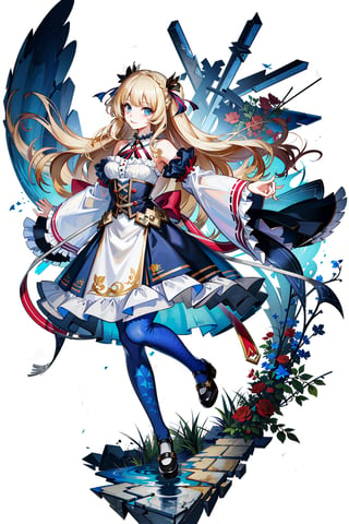 masterpiece,, (masterpiece, best quality:1.5), garden, flowers,[(white background:1.15)],1girl, blue eyes, very long hair, blonde hair, long blonde hair, french braid, bangs, medium breasts, hair ribbon, frilled choker, criss-cross halter, sleeveless dress, high-waist skirt, backless dress, waist bow, detached sleeves, frilled sleeves, wide sleeves, pantyhose, patterned legwear, mary janes,



