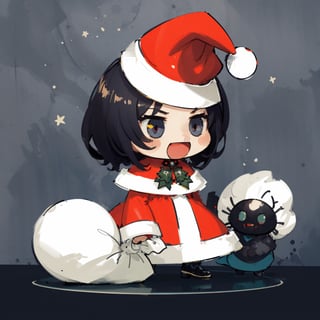 masterpiece, 1 man, skull face, creepy, horror, funny padoru meme, holding sack,chibi,:d,santa hat