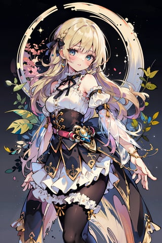 masterpiece, 1girl, blue eyes, very long hair, blonde hair, long blonde hair, french braid, bangs, medium breasts, hair ribbon, frilled choker, criss-cross halter, sleeveless dress, high-waist skirt, backless dress, waist bow, detached sleeves, frilled sleeves, wide sleeves, pantyhose, white legwear, mary janes, intricate image a beautiful glass woman, green foliage and pink and yellow fowery vines background, work of beauty and complexity, ultra detailed face and eyes, 8k UHD, alberto seveso style, fantasy style, glowing fractal glass elements, dynamic pose, amber glow,  flowercore, symetrical fullmoon, night, (masterpiece, best quality:1.5),