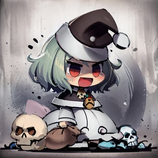 masterpiece, 1girl, skull, creepy, funny padoru meme, holding sack,chibi,:d,santa hat,padoru meme,gear00d