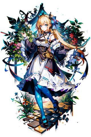 masterpiece,, (masterpiece, best quality:1.5), garden, flowers,[(white background:1.15)],1girl, blue eyes, very long hair, blonde hair, long blonde hair, french braid, bangs, medium breasts, hair ribbon, frilled choker, criss-cross halter, sleeveless dress, high-waist skirt, backless dress, waist bow, detached sleeves, frilled sleeves, wide sleeves, pantyhose, patterned legwear, mary janes,



