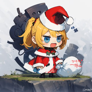 masterpiece, 1 girl, cute, funny padoru meme, holding sack,chibi,:d,santa hat