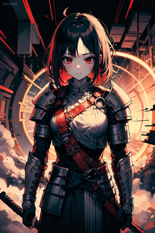 (dinamic pose), (face of a 26 year old girl, body of a 26 year old girl), crimson red eyes, female samurai, armor, skirt, horror style, area lighting,xjrex
